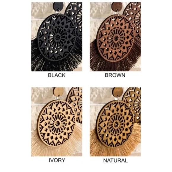 Brown Rustic Natural Wood Filigree Round Tassel Boho Bohemian Dangle Earrings - Picture 4 of 4